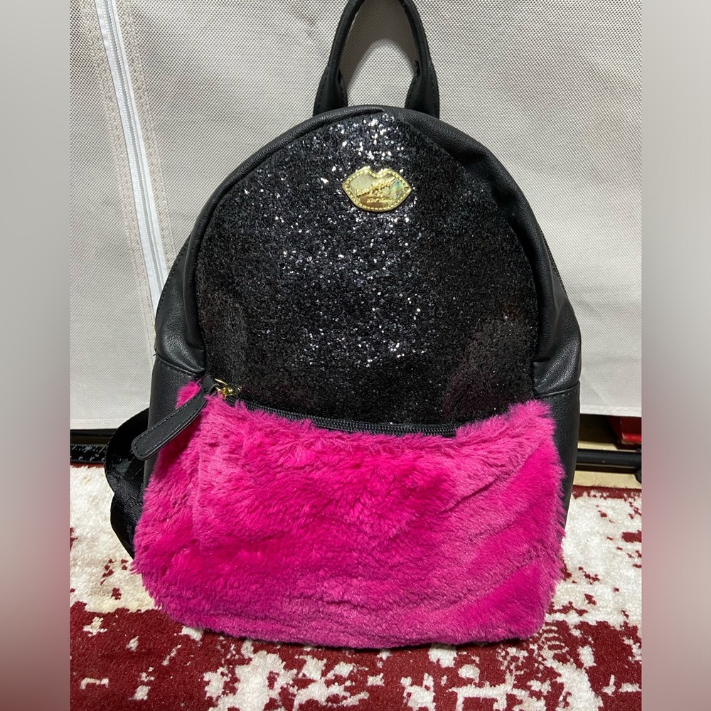 LUV Betsy Johnson Glam Glitz Faux Fur Mini Backpack Bag